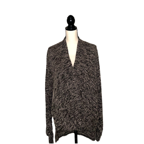 Max Edition Sweater Black Tan Heathered Faux Wrap Ruched Sleeves Womens Small - Picture 1 of 12
